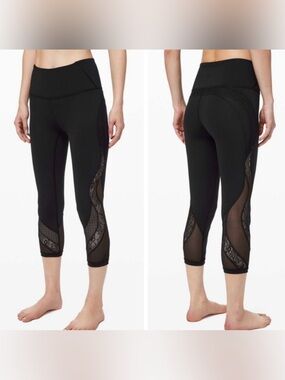 lululemon athletica women’s Black Cropped Leggings with Lace & Mesh Panels Size6